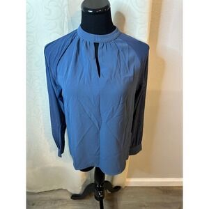 Halara Blue Mesh Sleeve Mock Neck Keyhole Blouse Top Womens XS